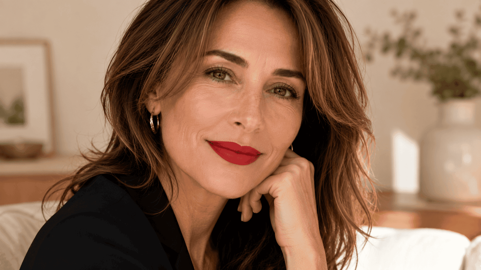 Mujer de más de 40 años con labial rojo clásico y maquillaje elegante que realza la expresión del rostro