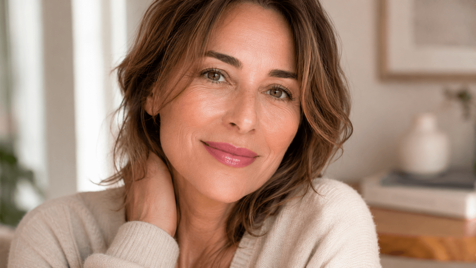Mujer de más de 40 años con maquillaje natural y labial rosado suave que aporta frescura y luminosidad al rostro