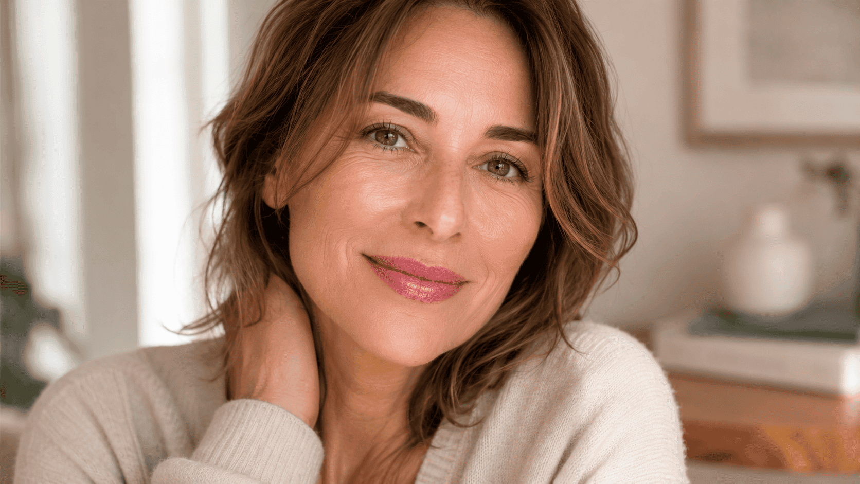 Mujer de más de 40 años con maquillaje natural y labial rosado suave que aporta frescura y luminosidad al rostro