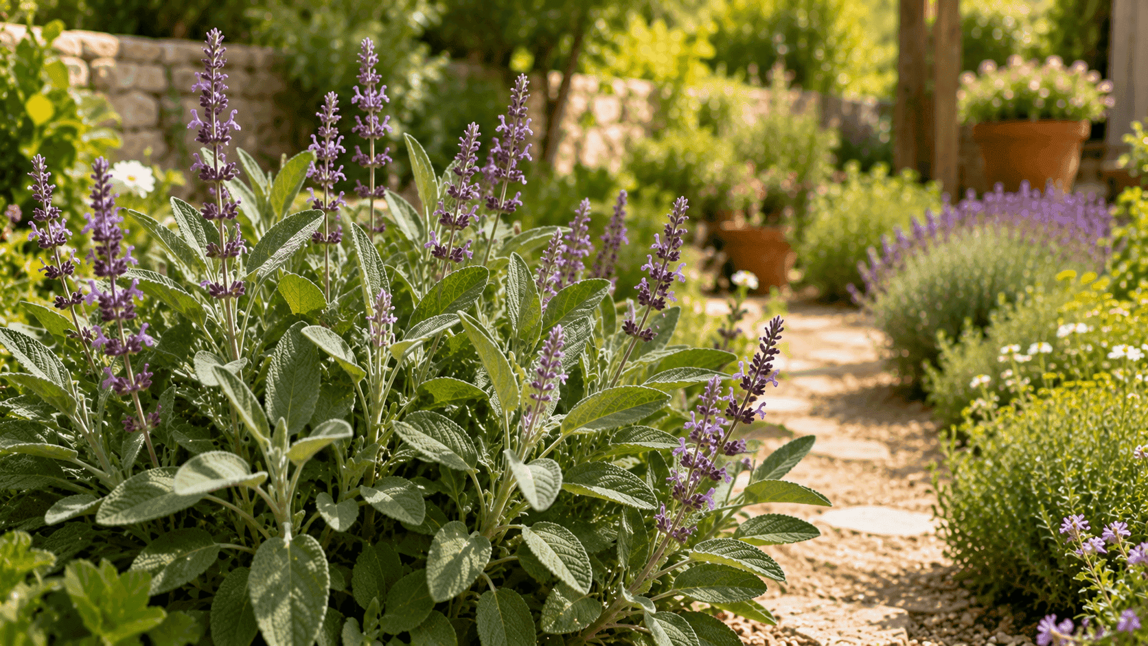 Planta de salvia con espigas violetas creciendo junto a un sendero rodeado de aromáticas en un jardín de verano.