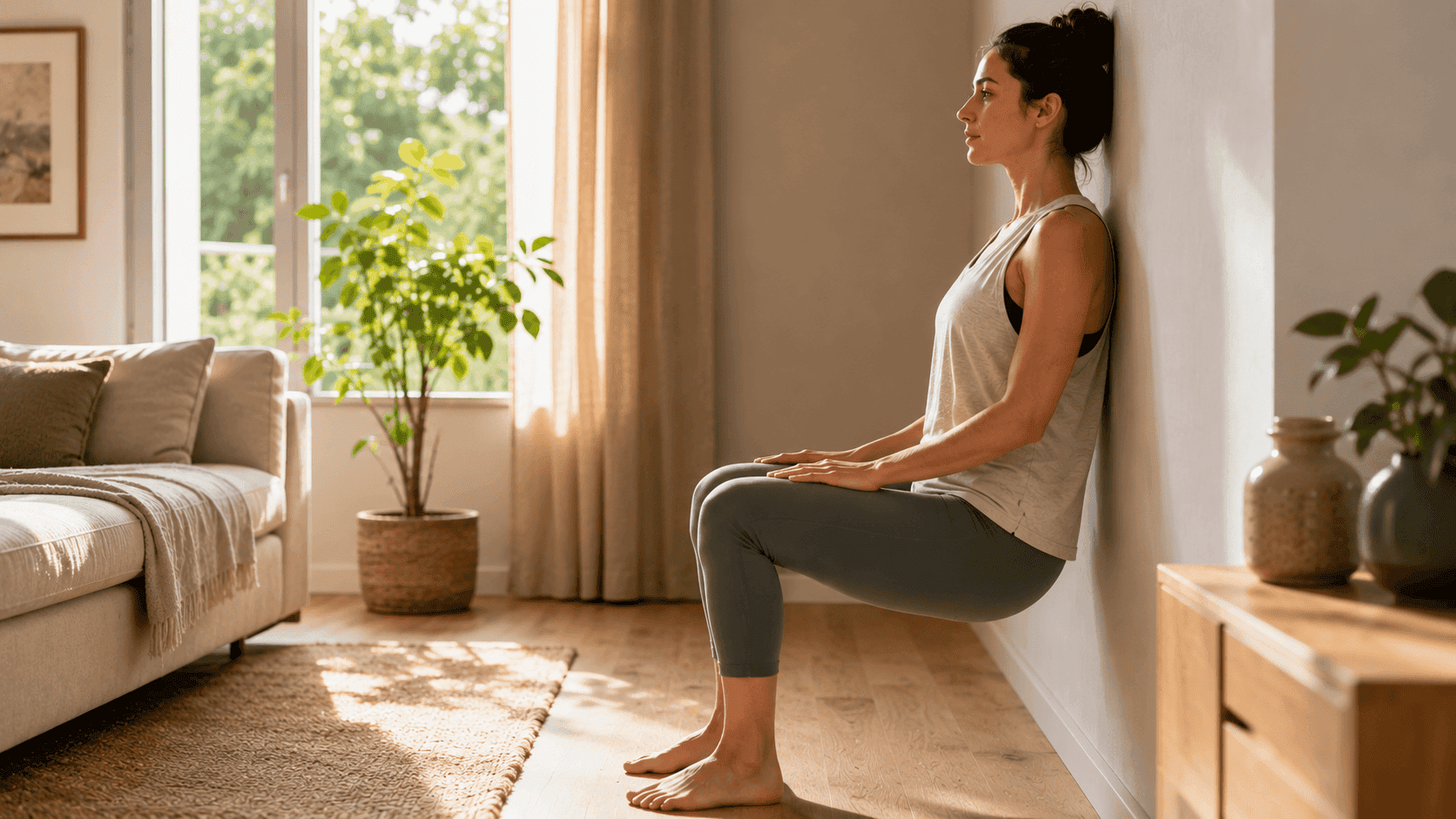 Persona manteniendo una sentadilla isométrica apoyada en la pared para fortalecer piernas sin gimnasio ni equipamiento.