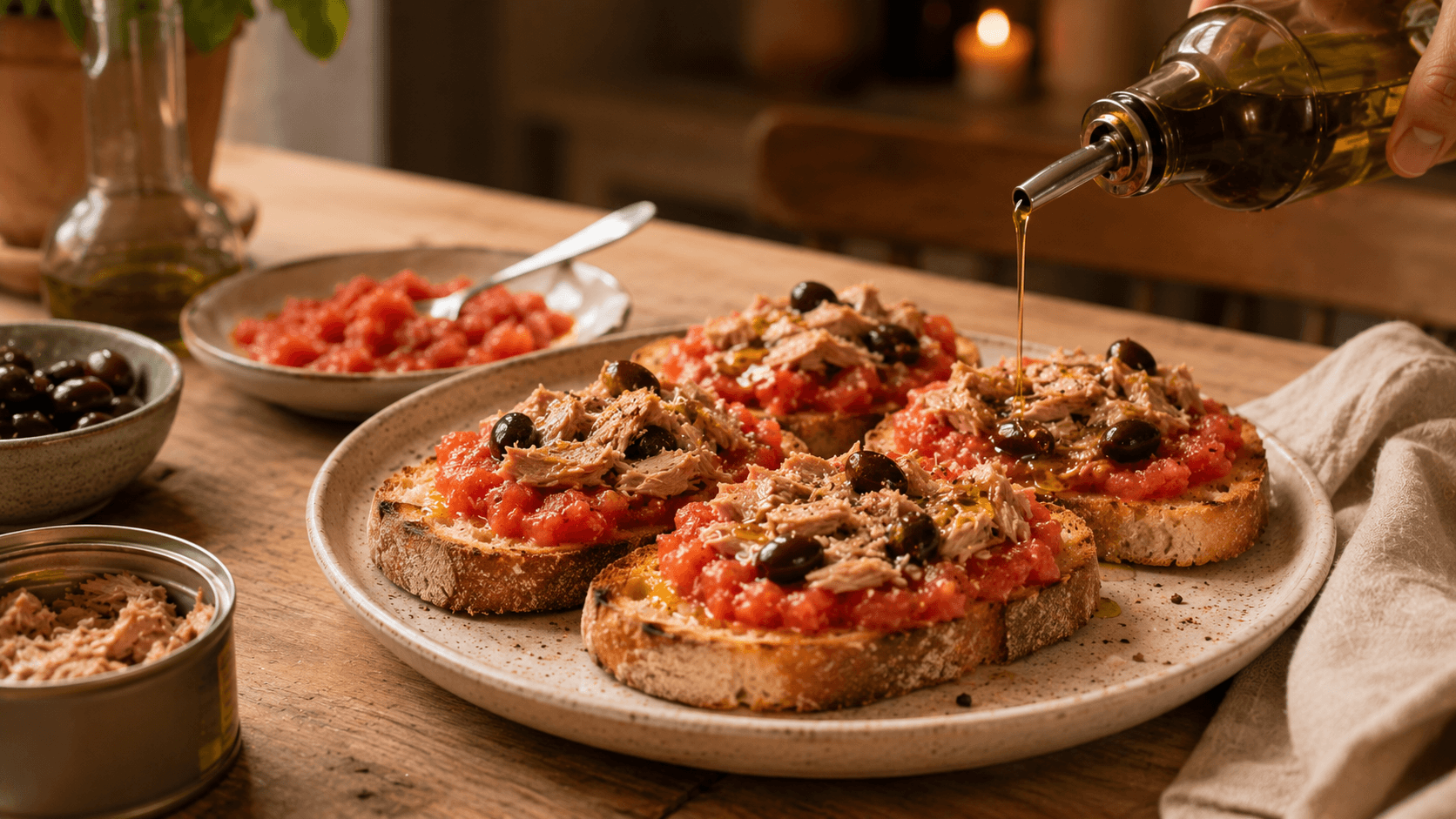 Tostadas con tomate triturado, atún y aceitunas mientras se añade aceite de oliva para una cena rápida de despensa