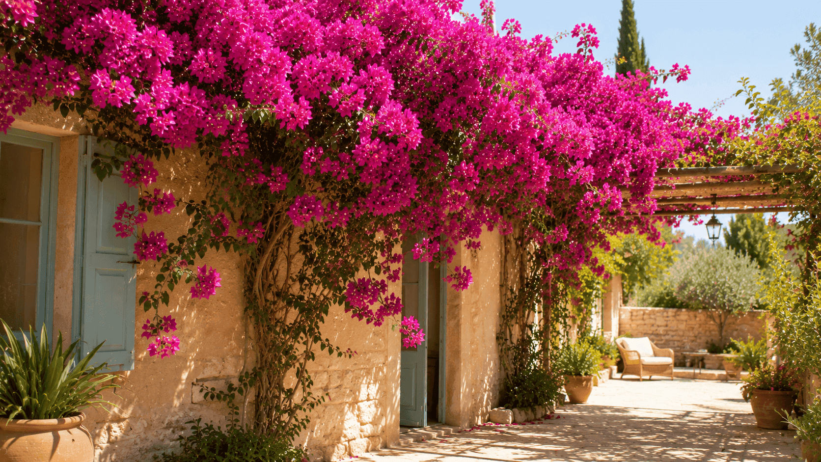 Buganvilla de flores fucsias cubriendo una fachada soleada, una de las plantas para sol directo más vistosas.