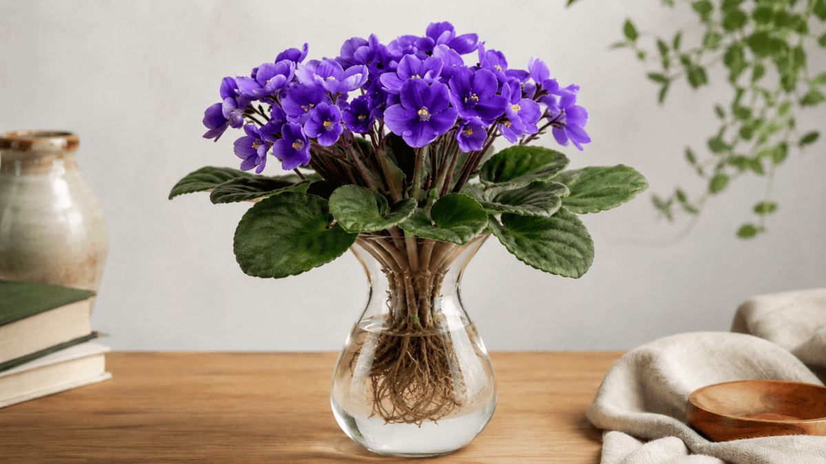 Violeta africana en jarrón con agua