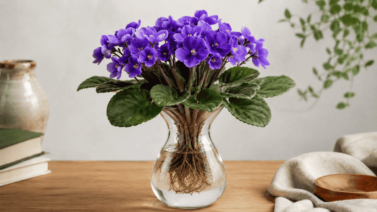 Violeta africana en jarrón con agua