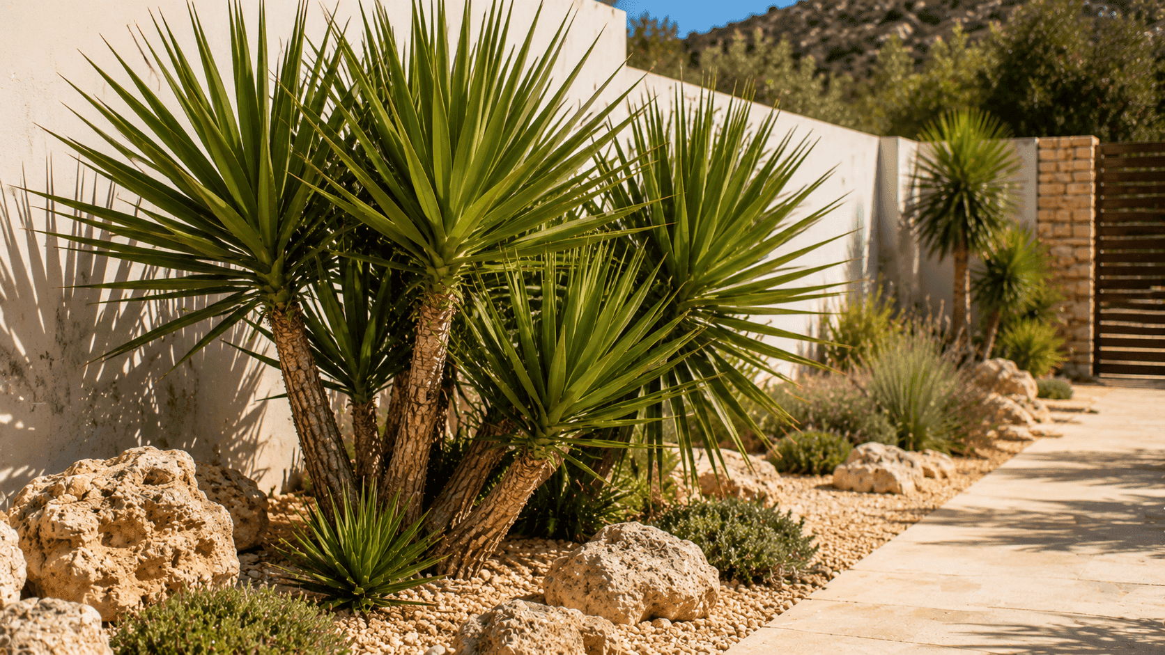 Yucas ornamentales en un jardín seco y soleado, adaptadas a altas temperaturas y poca humedad.