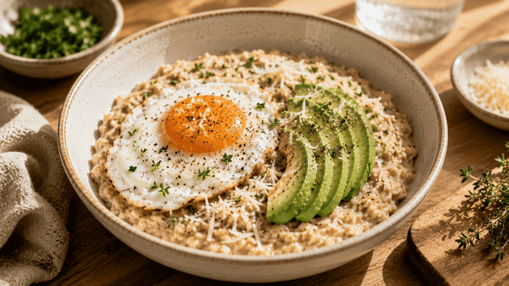 Avena salada con huevo, aguacate y queso rallado, una alternativa caliente para un desayuno fácil y completo.