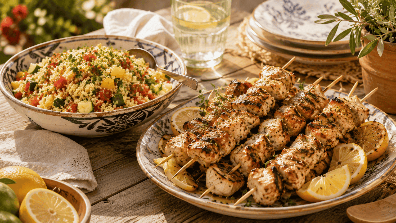Brochetas de pollo al limón recién hechas acompañadas de una ensalada de cuscús con verduras frescas y gajos de limón.
