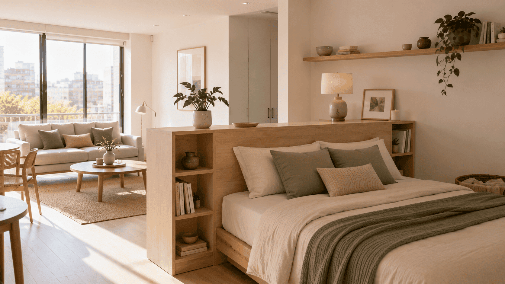 Cabecero con estantes que separa el dormitorio del área social en un monoambiente moderno.