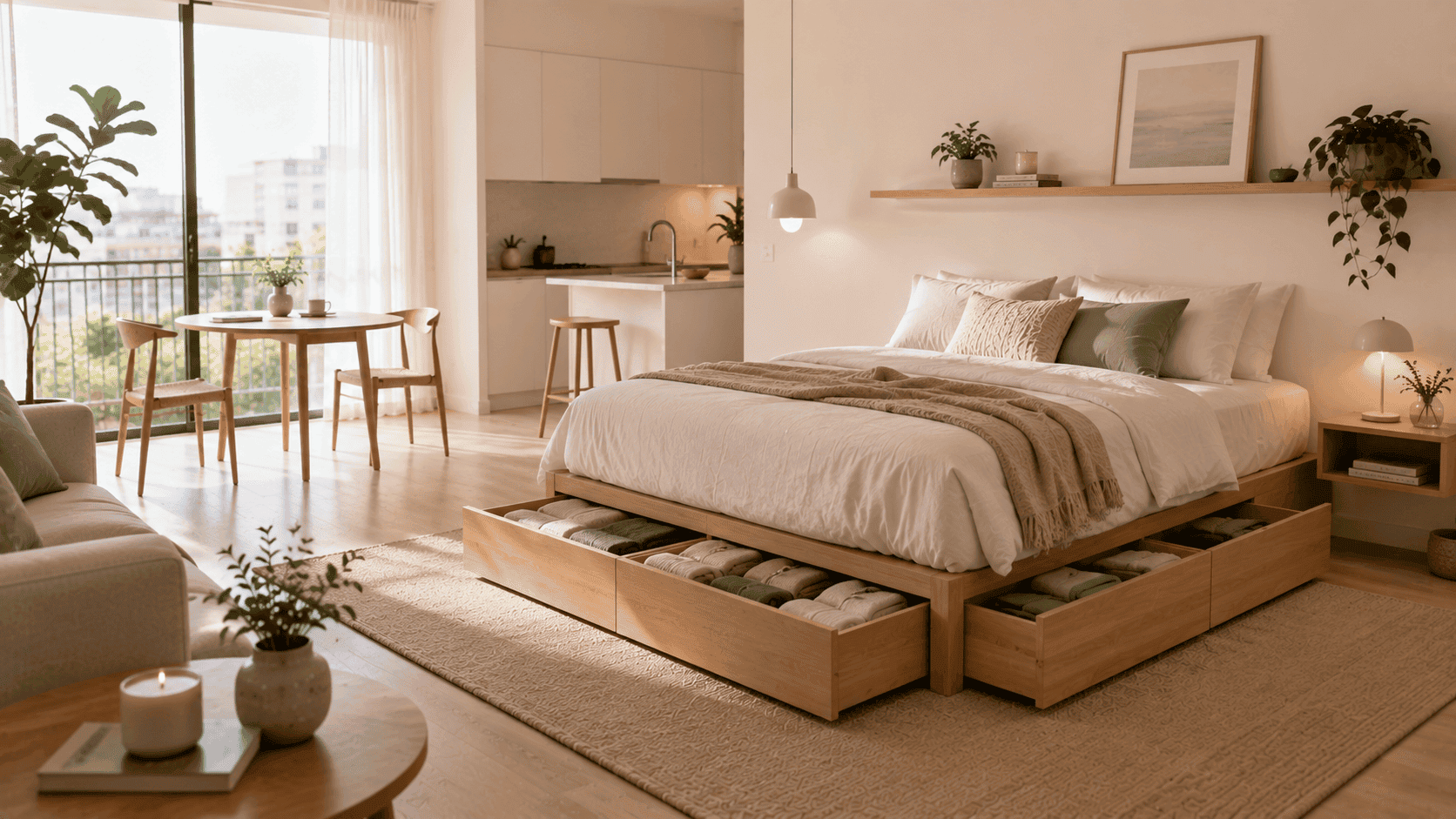 Cama con almacenamiento integrado y cajones inferiores abiertos en un dormitorio de monoambiente.