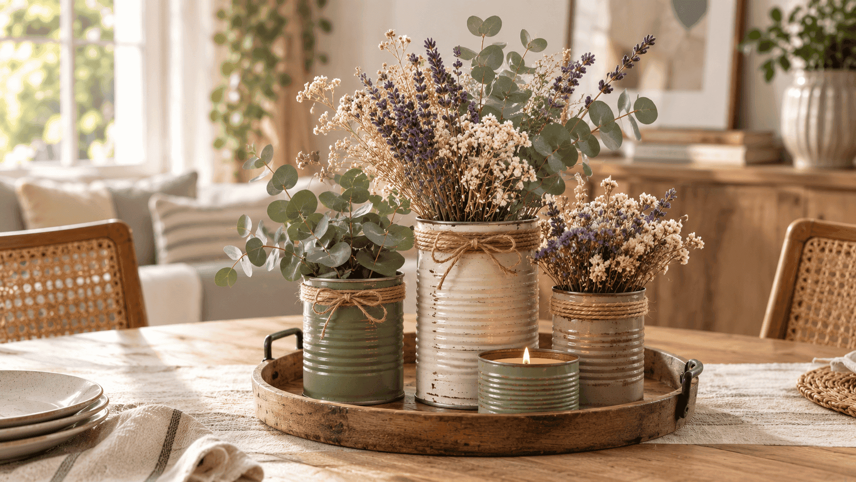 Centro decorativo hecho al reutilizar latas de conserva con flores secas y eucalipto sobre una bandeja de madera.