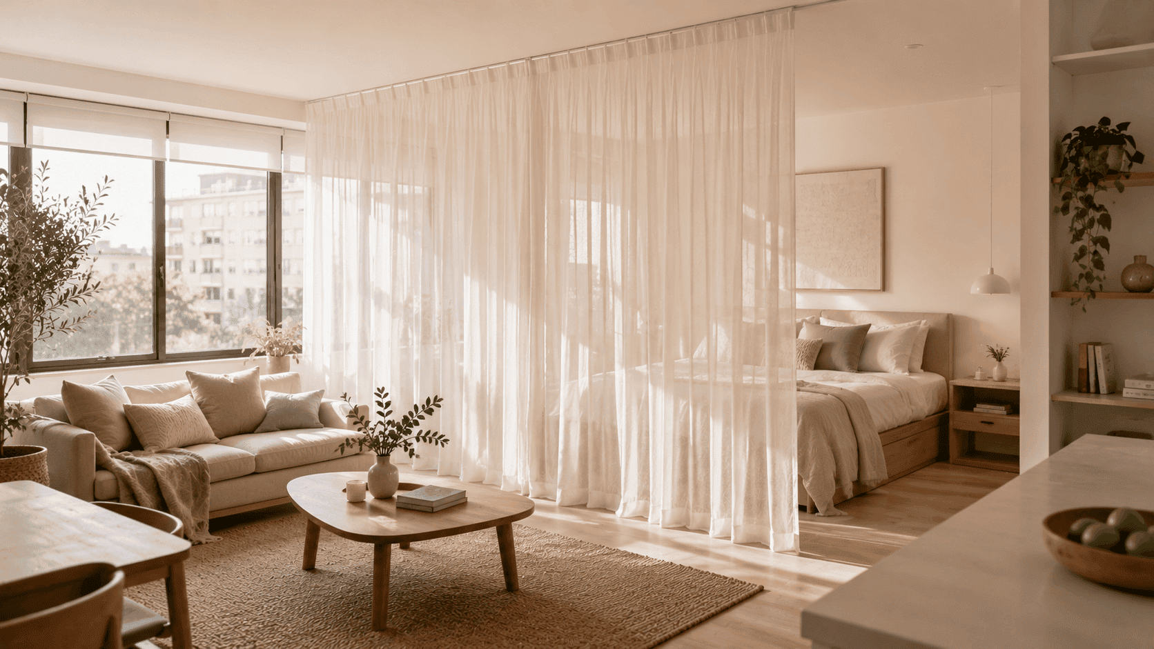 Cortinas translúcidas de techo a suelo que delimitan el dormitorio en un monoambiente manteniendo la luz natural.