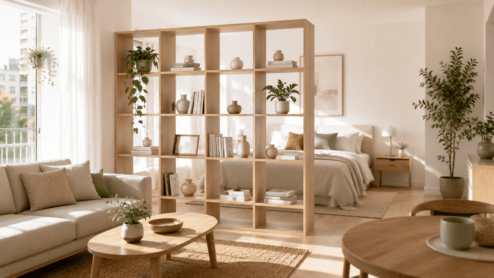 Estantería abierta utilizada para separar el dormitorio del resto del monoambiente sin perder luminosidad.