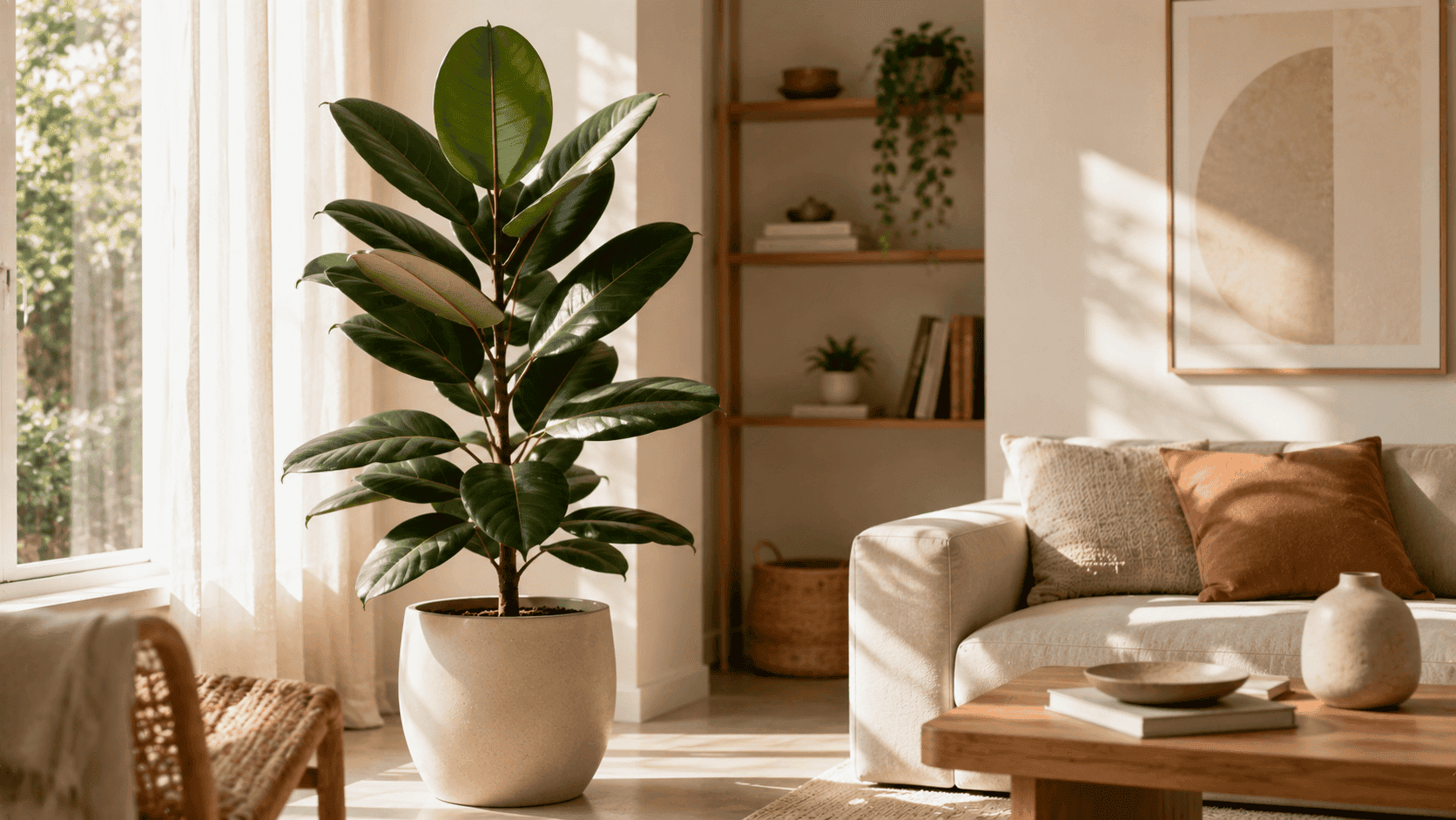 Ficus elastica en maceta dentro de un salón luminoso, una de las variedades de ficus más resistentes para cultivar en interior.