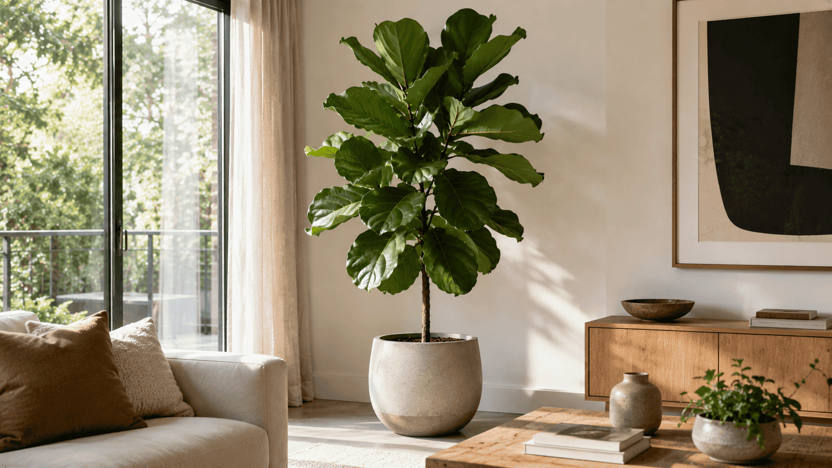 Ficus lyrata con grandes hojas verdes en una maceta decorativa junto a una ventana con abundante luz indirecta.