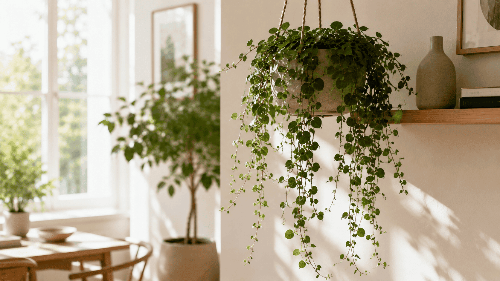 Ficus pumila en maceta colgante con largas ramas y abundante follaje en un interior luminoso de estilo contemporáneo.