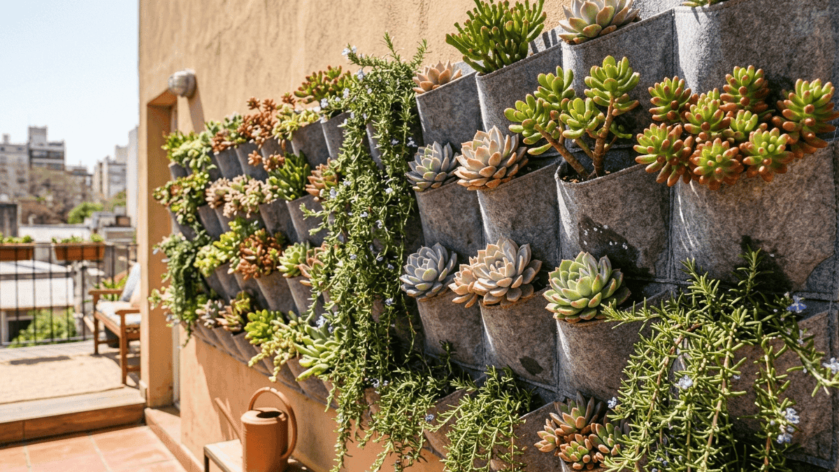Jardín vertical soleado con suculentas