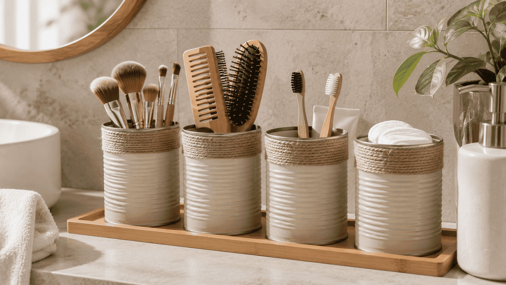 Organizadores de baño hechos al reutilizar latas de conserva con cepillos, maquillaje y accesorios sobre una bandeja.