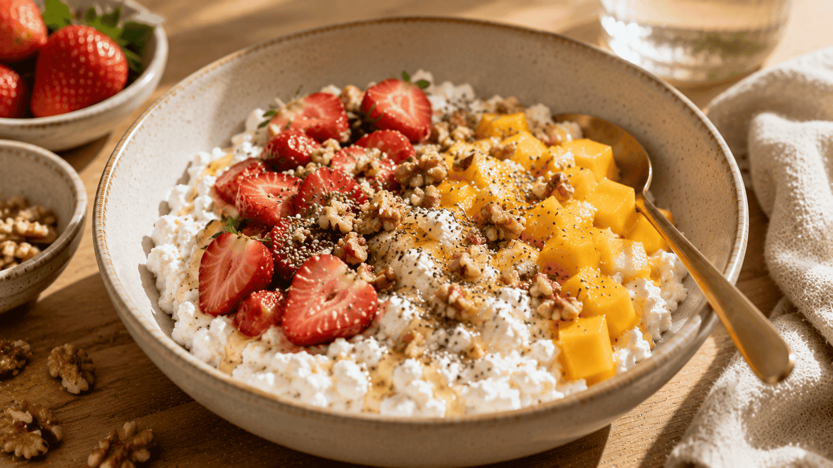 Requesón con fresas, mango, nueces y semillas, una idea de desayuno fácil con fruta fresca y textura cremosa.