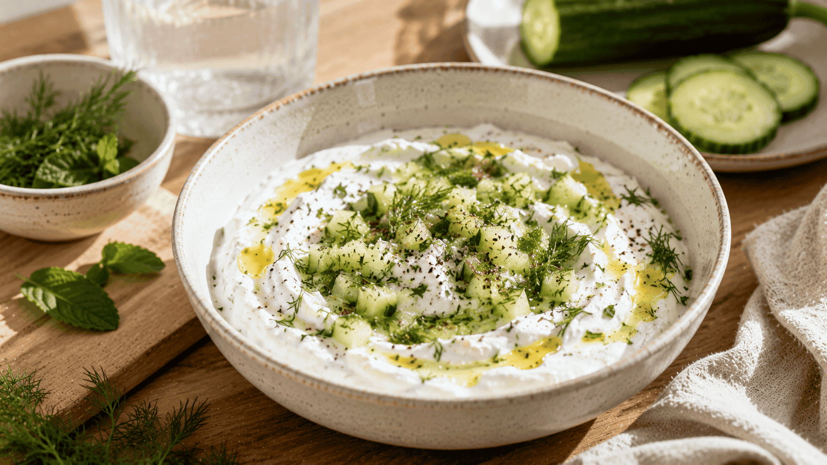 Yogur griego con pepino, aceite de oliva y hierbas frescas, una opción diferente para un desayuno innovador y fácil.