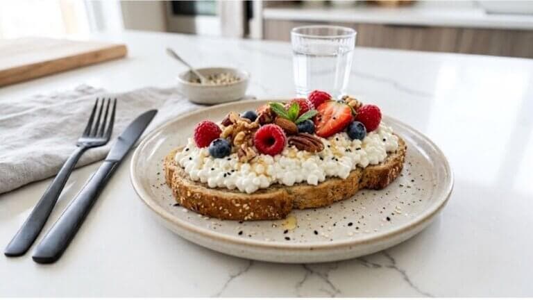 Tostada con queso cottage, frutos rojos y nueces