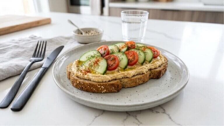 Tostada de hummus de garbanzos, pepino y tomate
