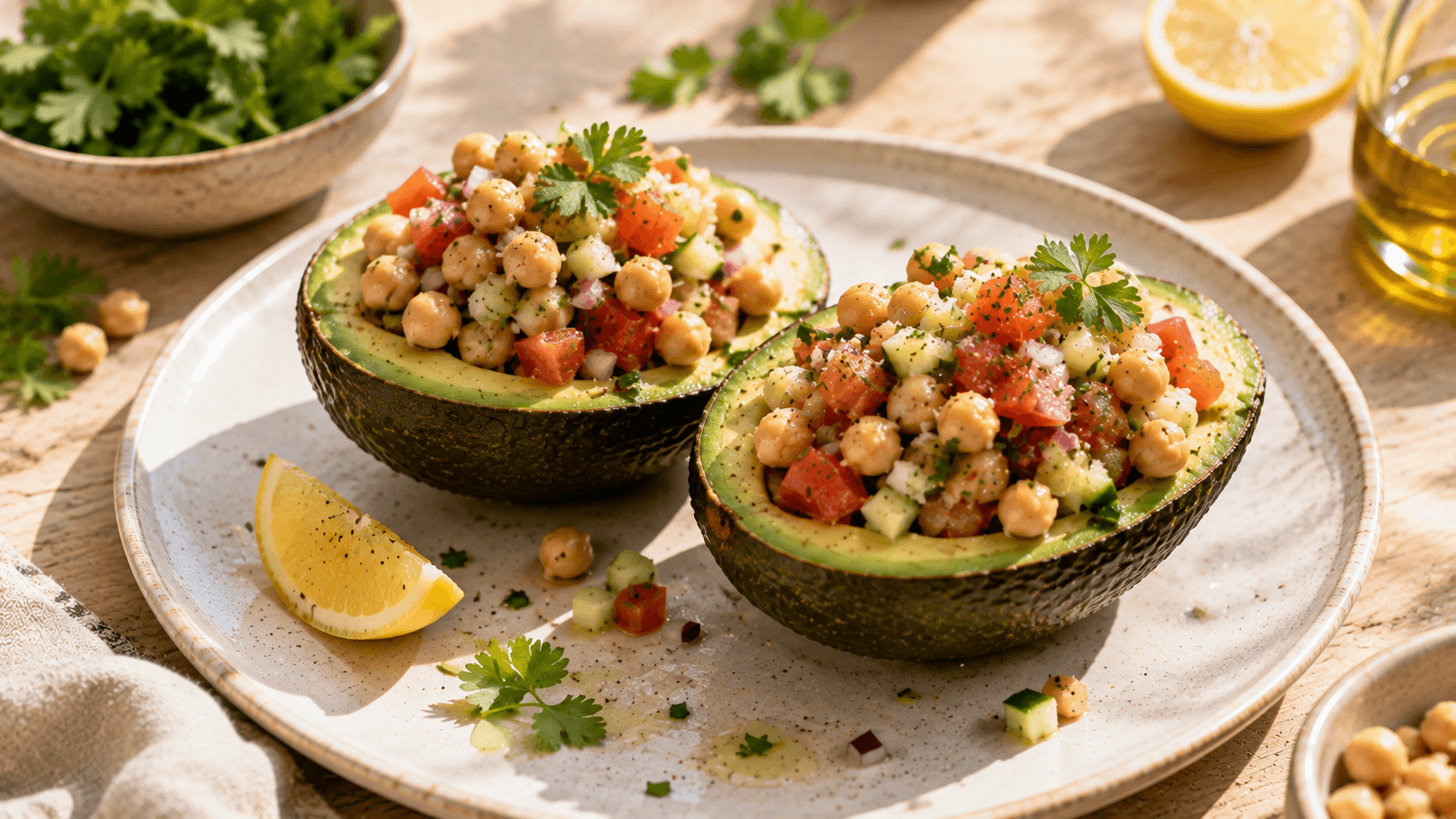 Mitades de aguacate rellenas con garbanzos, tomate, pepino, cebolla morada y cilantro fresco