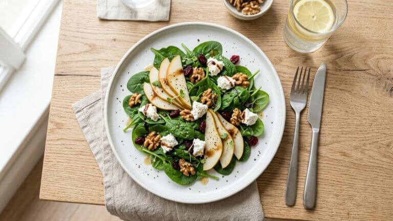 Ensalada templada de espinaca con fruta y queso