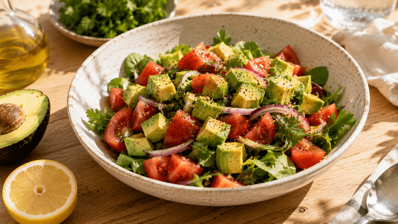 Ensalada con tomate, aguacate, cebolla morada y hojas verdes aliñada con aceite de oliva
