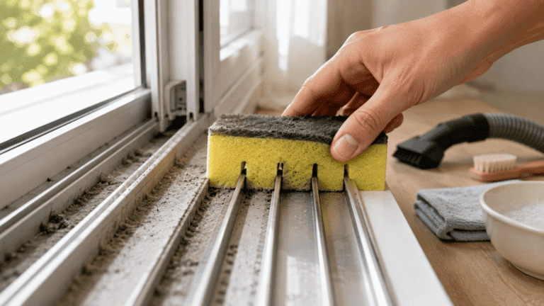 ¿Cómo limpiar los rieles de las ventanas con una esponja de cocina?