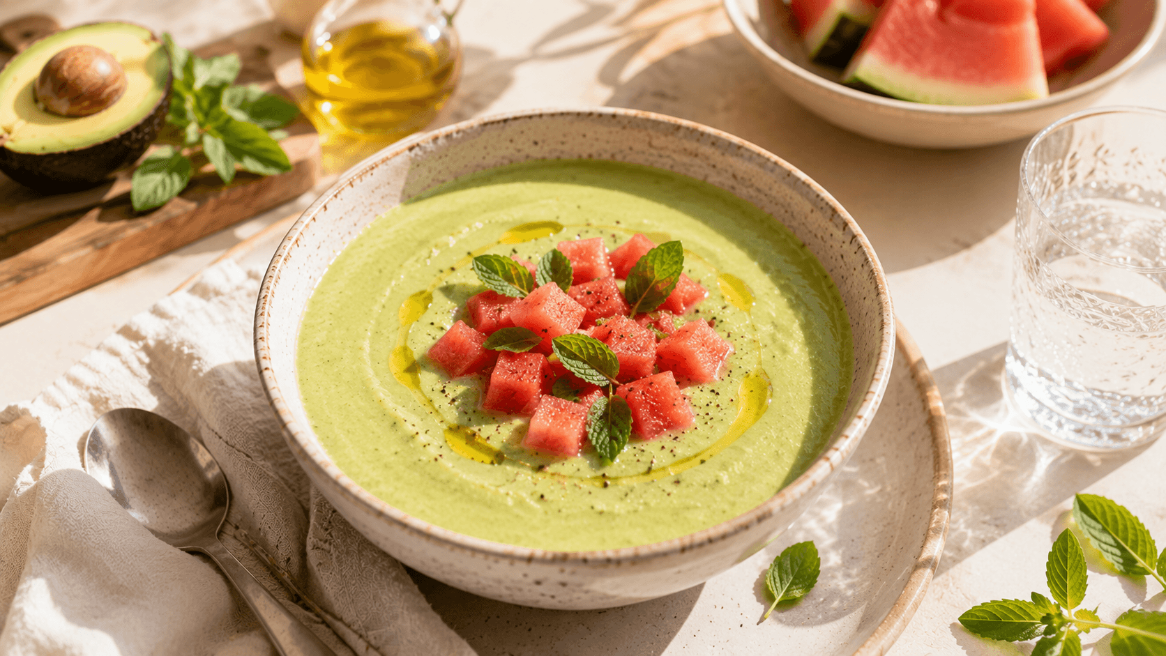 Sopa fría de aguacate y sandía decorada con cubos de fruta, menta fresca y aceite de oliva