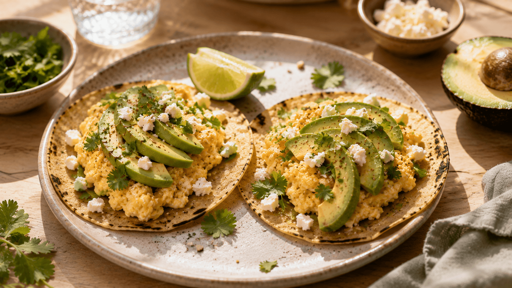 Tacos con huevo revuelto, aguacate en láminas y queso feta sobre tortillas de maíz