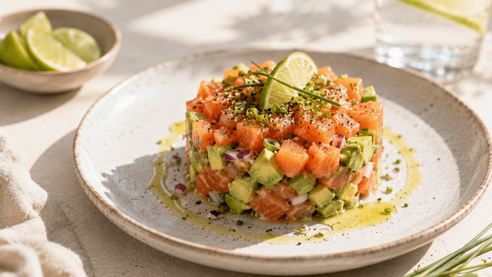 Tartar de salmón y aguacate con cebolla morada, cebollino y lima sobre un plato blanco