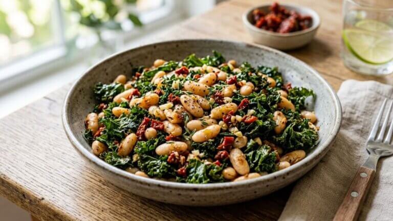 Alubias blancas salteadas con col kale y tomates secos