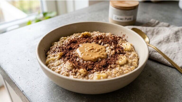 Avena con plátano, cacao y crema de cacahuate