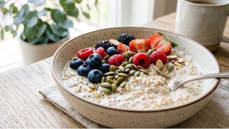 Avena con yogur, frutos rojos y semillas