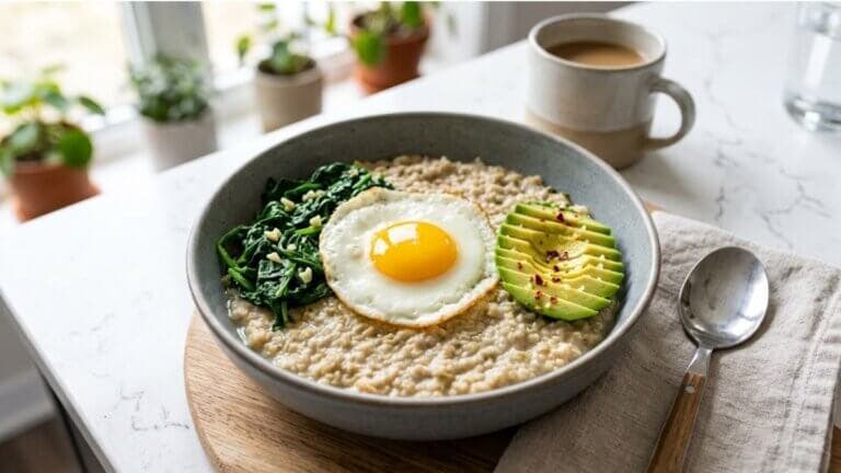 Avena salada con huevo, aguacate o verduras