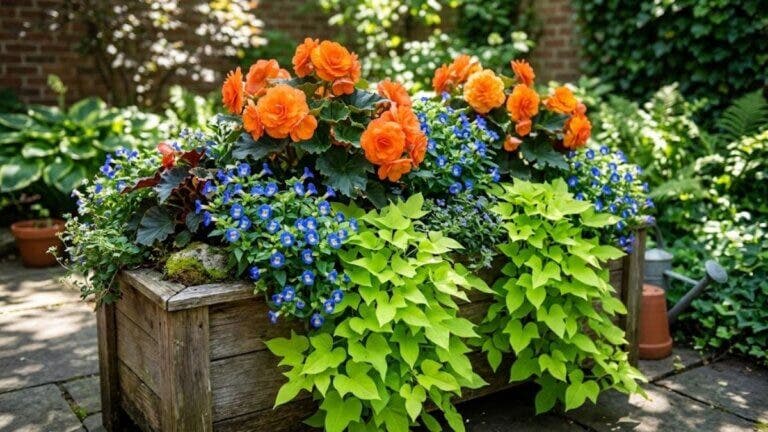Begonia tuberosa naranja + torenia azul + hiedra o dulce de batata verde lima