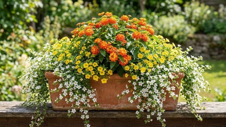 Calibrachoa amarilla + lantana naranja + hiedra o bacopa blanca