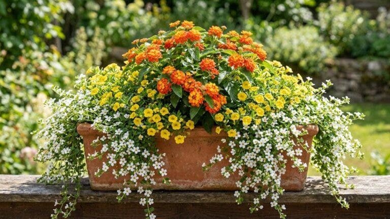 Calibrachoa amarilla + lantana naranja + hiedra o bacopa blanca