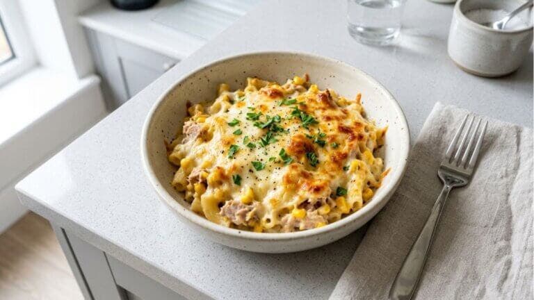 Pasta gratinada con maíz