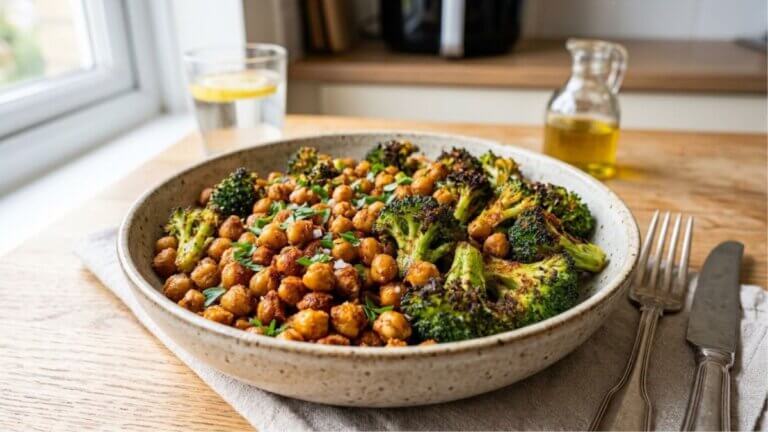 Garbanzos y brócoli en airfryer