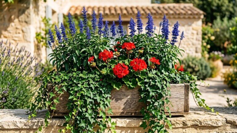 Geranio rojo + salvia azul + hiedra verde