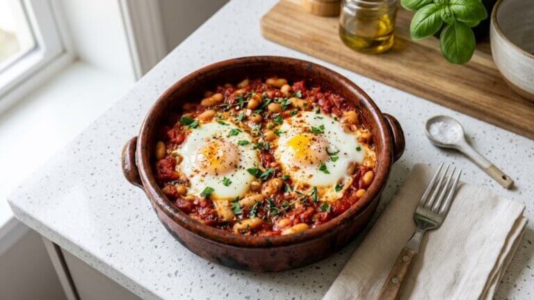Huevos al horno con tomate y judías blancas
