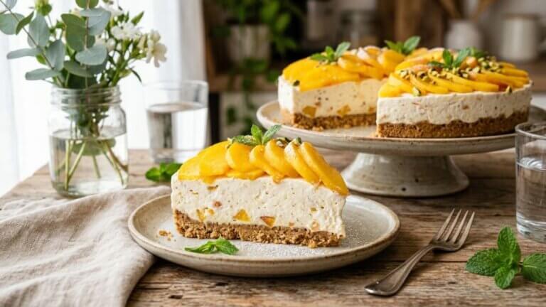 La tarta de melocotón sin horno que combina crema suave y galletas crujientes