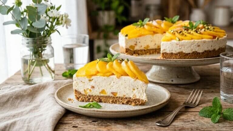 La tarta de melocotón sin horno que combina crema suave y galletas crujientes