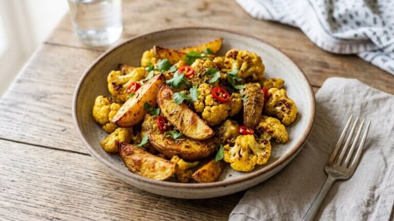 Patatas gajo con coliflor especiada al curry