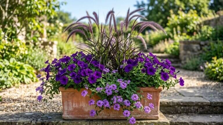 Petunia morada + verbena rastrera + pasto ornamental púrpura