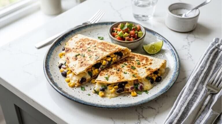 Quesadillas rellenas de maíz dorado, frijoles negros y queso