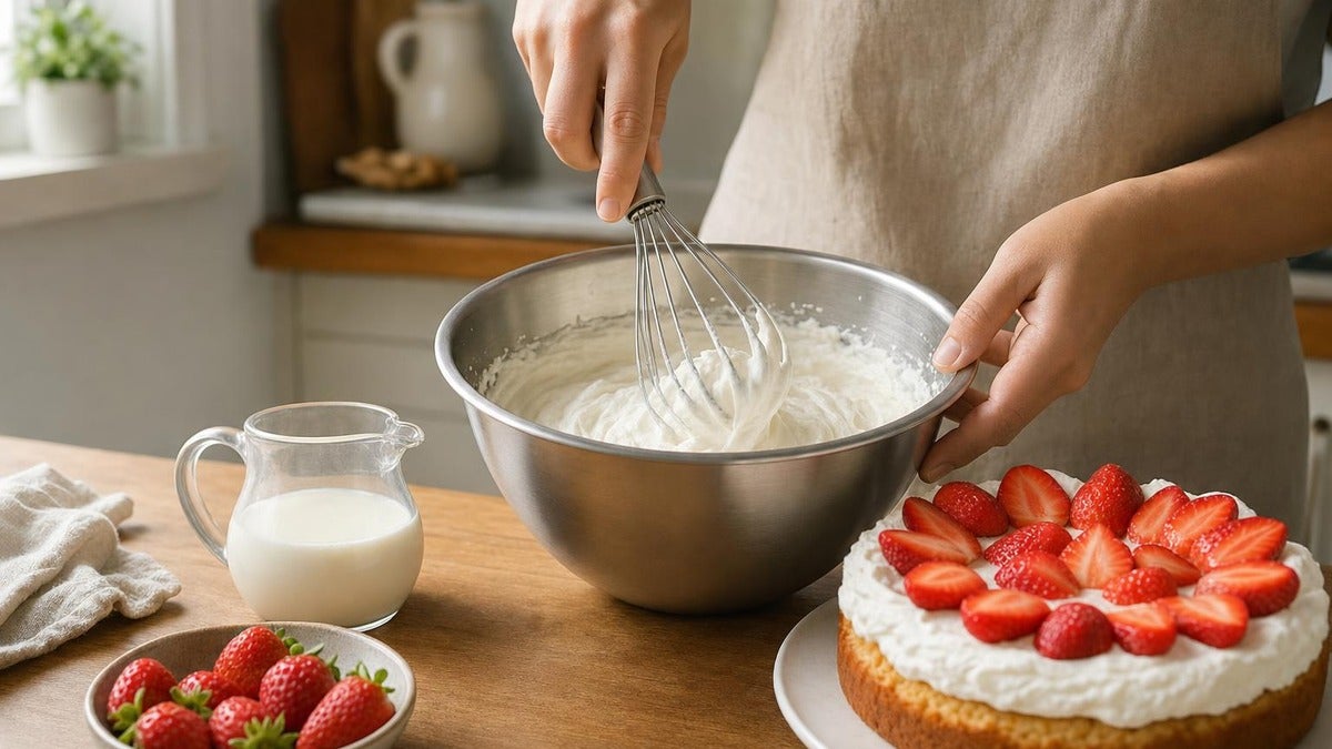 Persona batiendo crema de leche junto a una tarta decorada con fresas